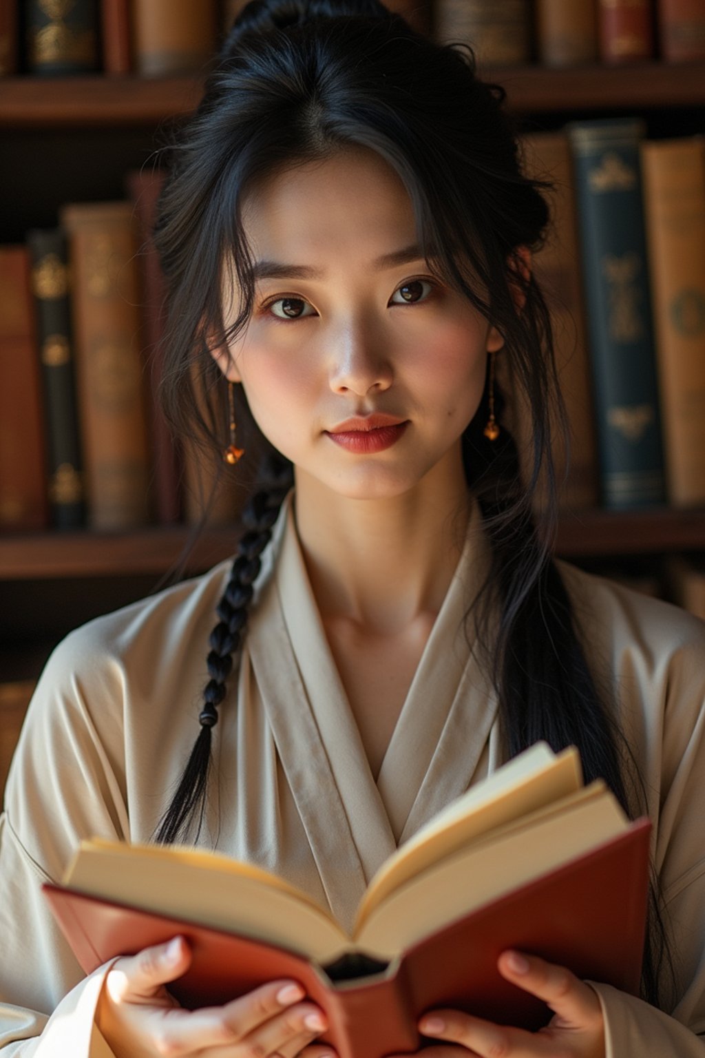 woman surrounded by books or sacred texts