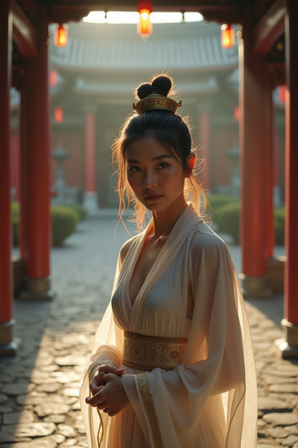 woman in a serene temple or sacred space