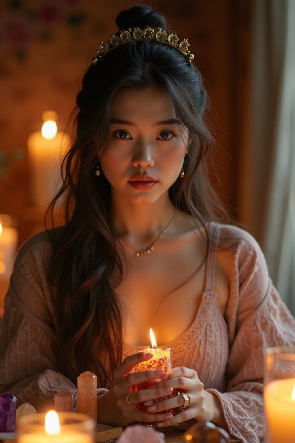 woman in a serene indoor space, surrounded by candles, crystals, and sacred symbols