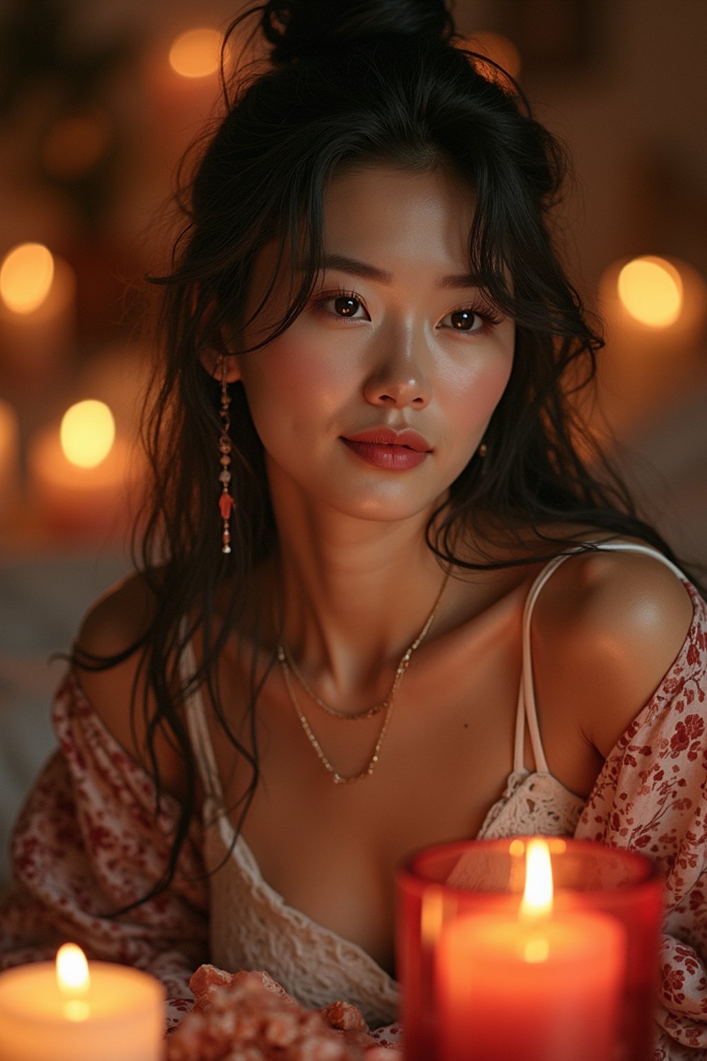 woman in a serene indoor space, surrounded by candles, crystals, and sacred symbols