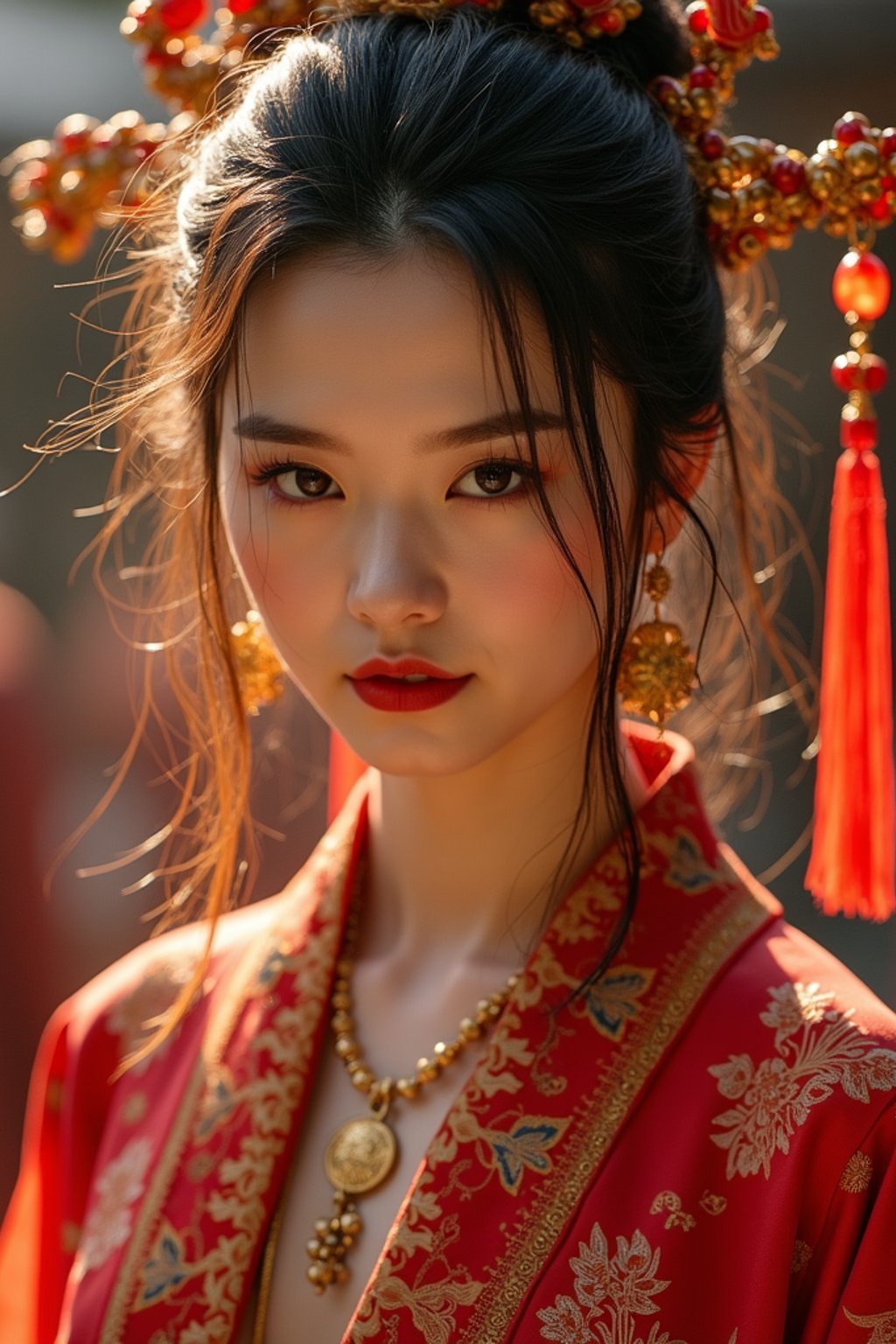 woman engaged in a sacred ritual or ceremony, adorned with symbolic attire