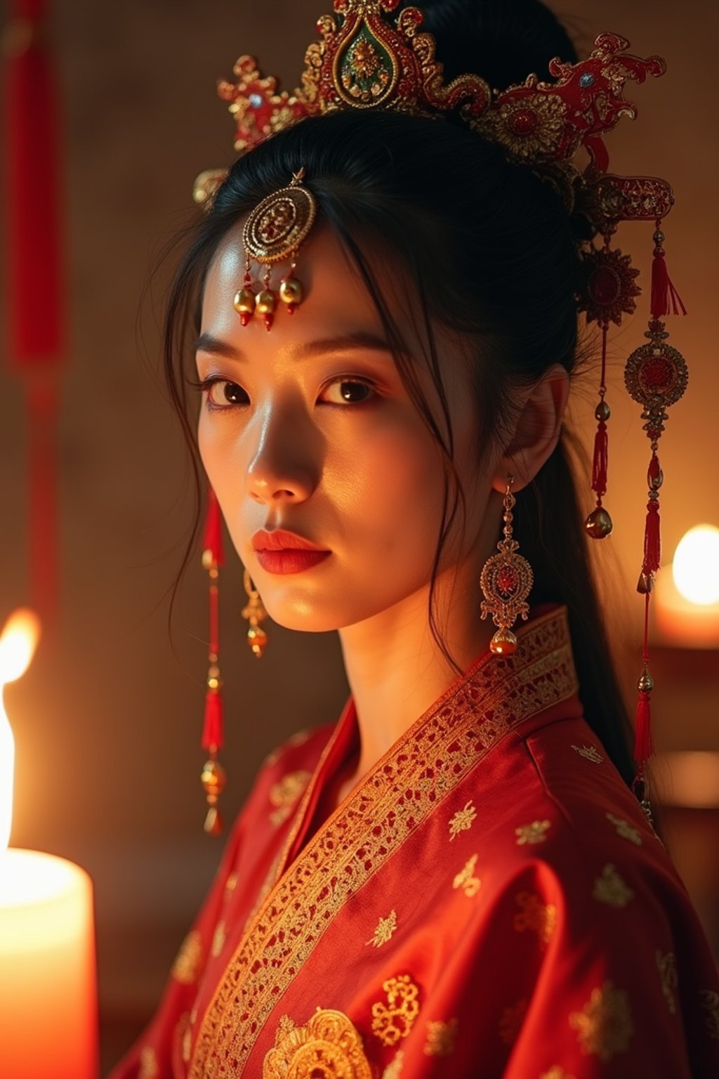 woman engaged in a sacred ritual or ceremony, adorned with symbolic attire