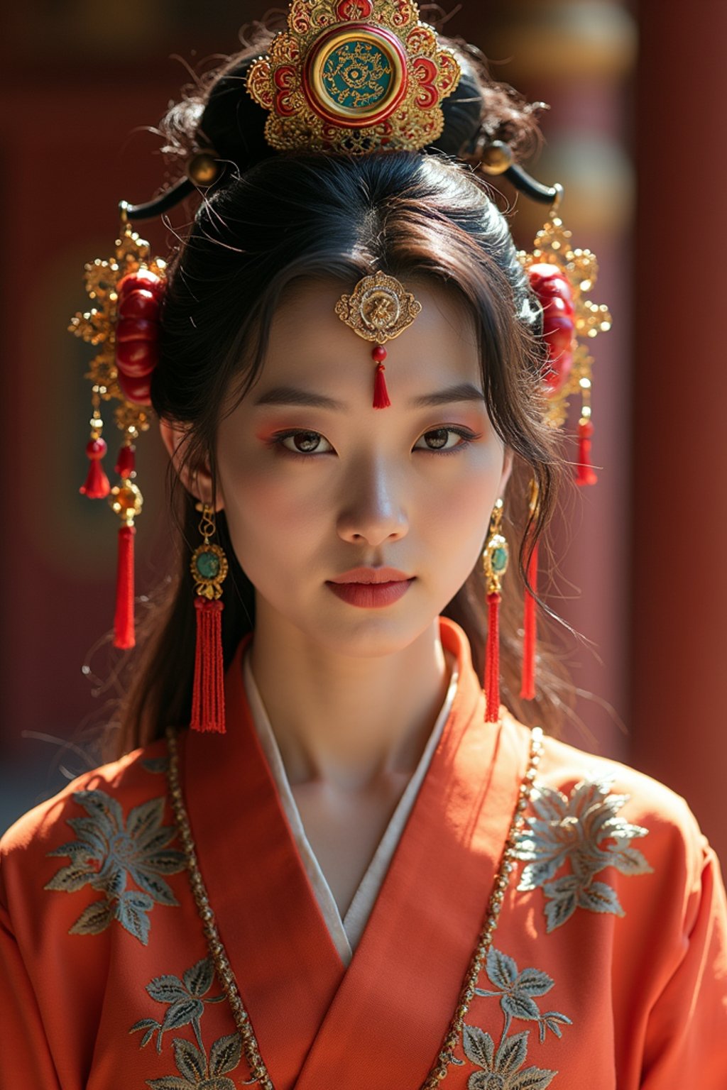 woman engaged in a sacred ritual or ceremony, adorned with symbolic attire