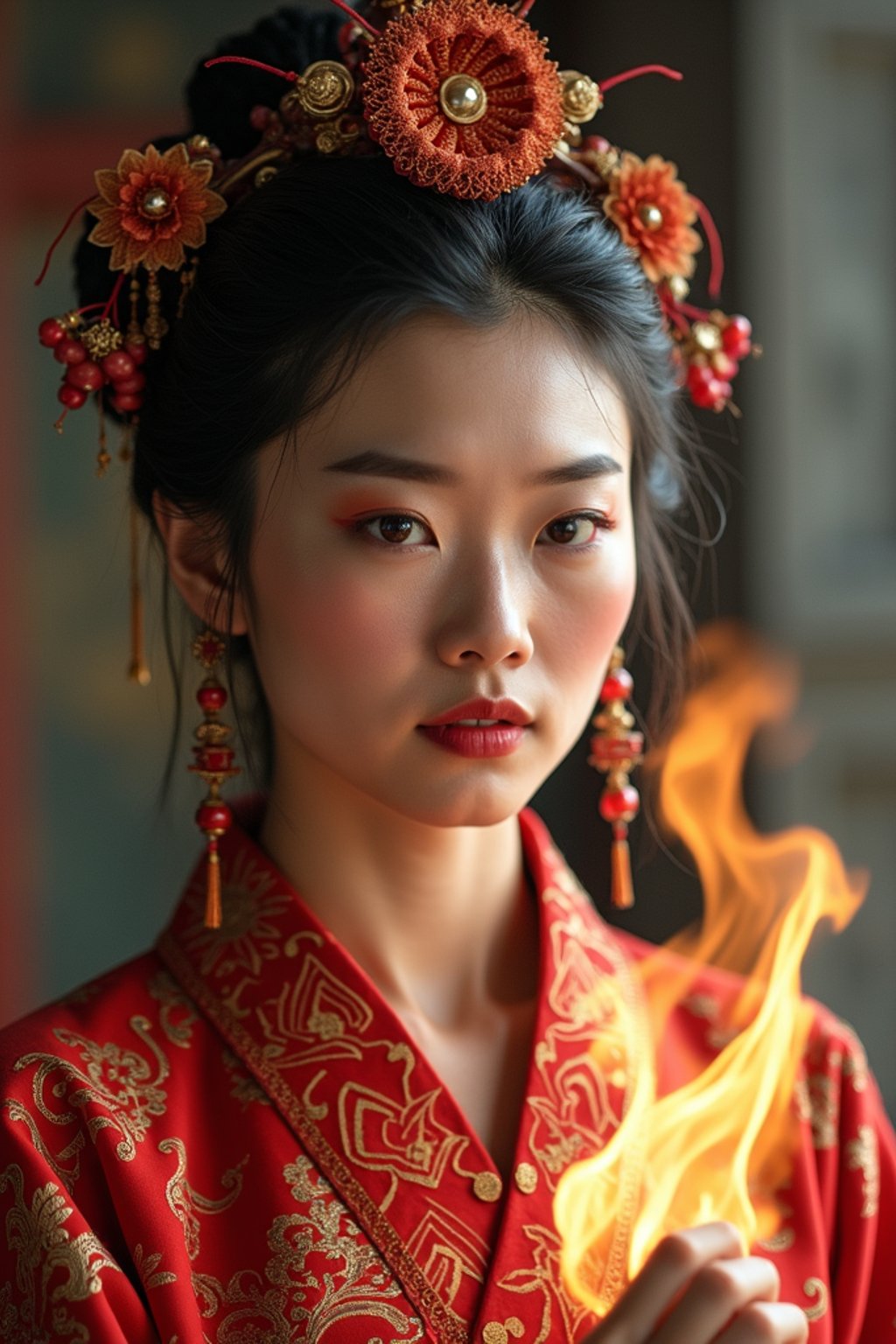 woman engaged in a sacred ritual or ceremony, adorned with symbolic attire