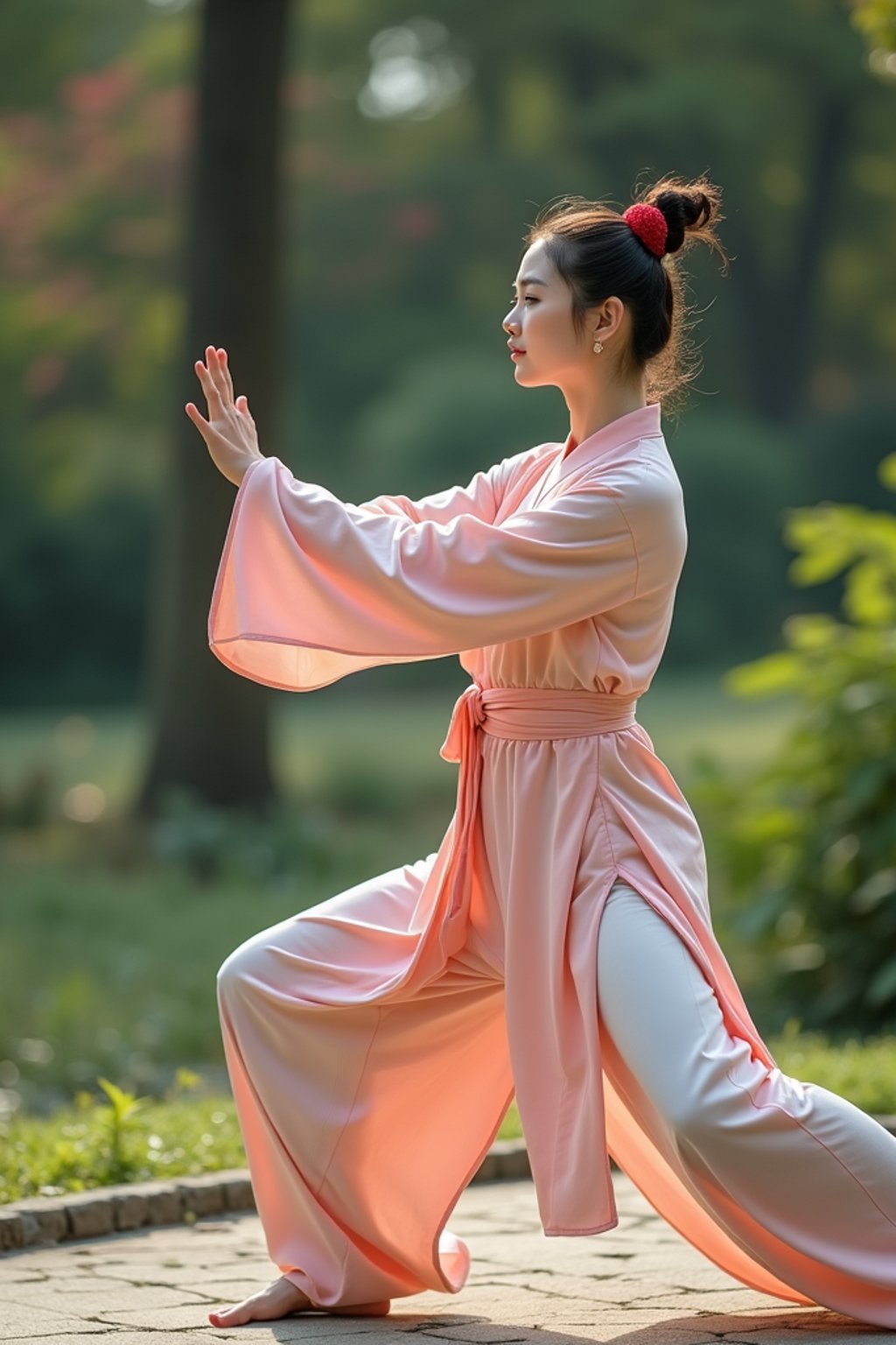 woman practicing Tai Chi in a serene garden