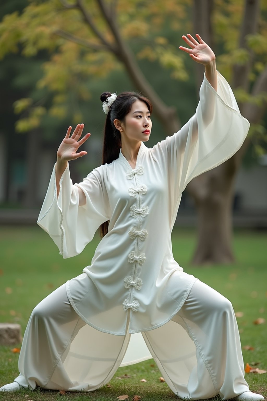 woman practicing Tai Chi in a serene garden