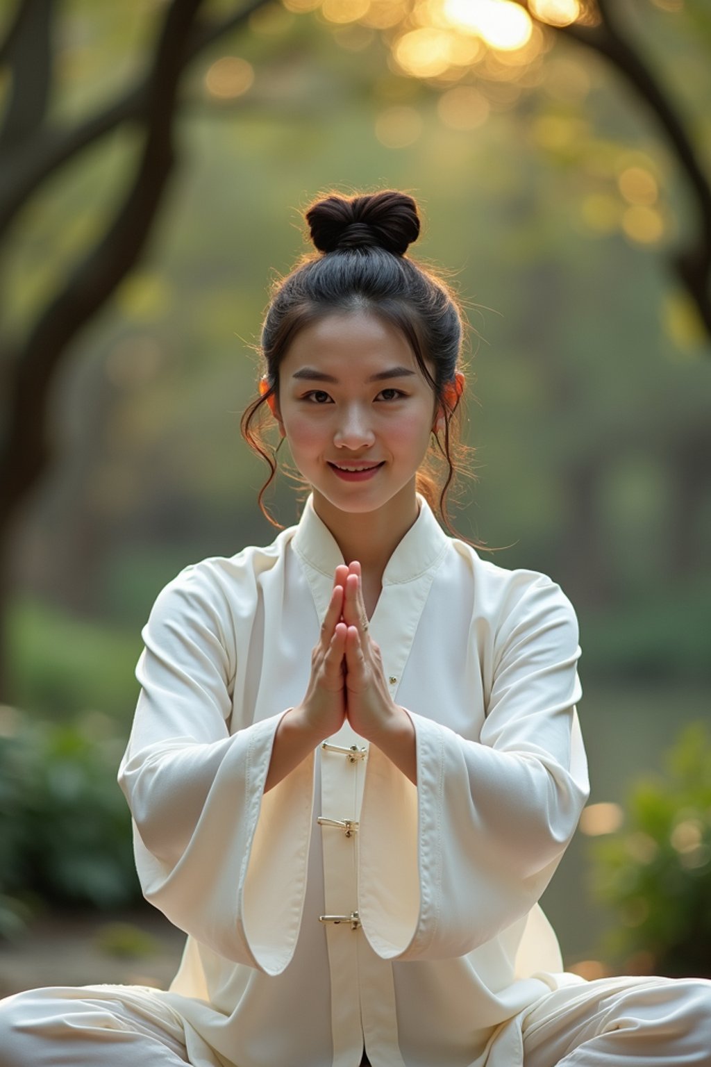 woman practicing Tai Chi in a serene garden