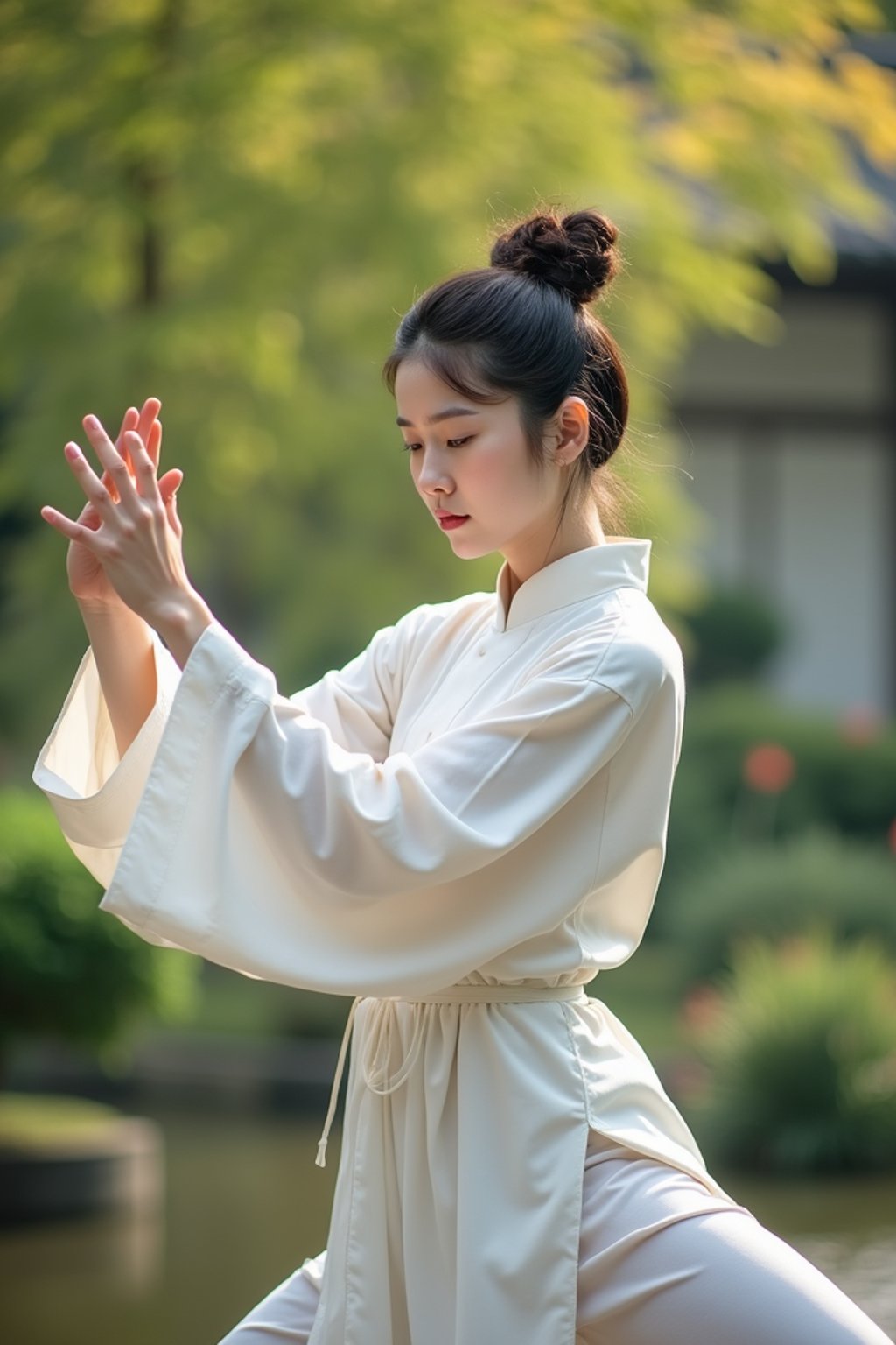 woman practicing Tai Chi in a serene garden