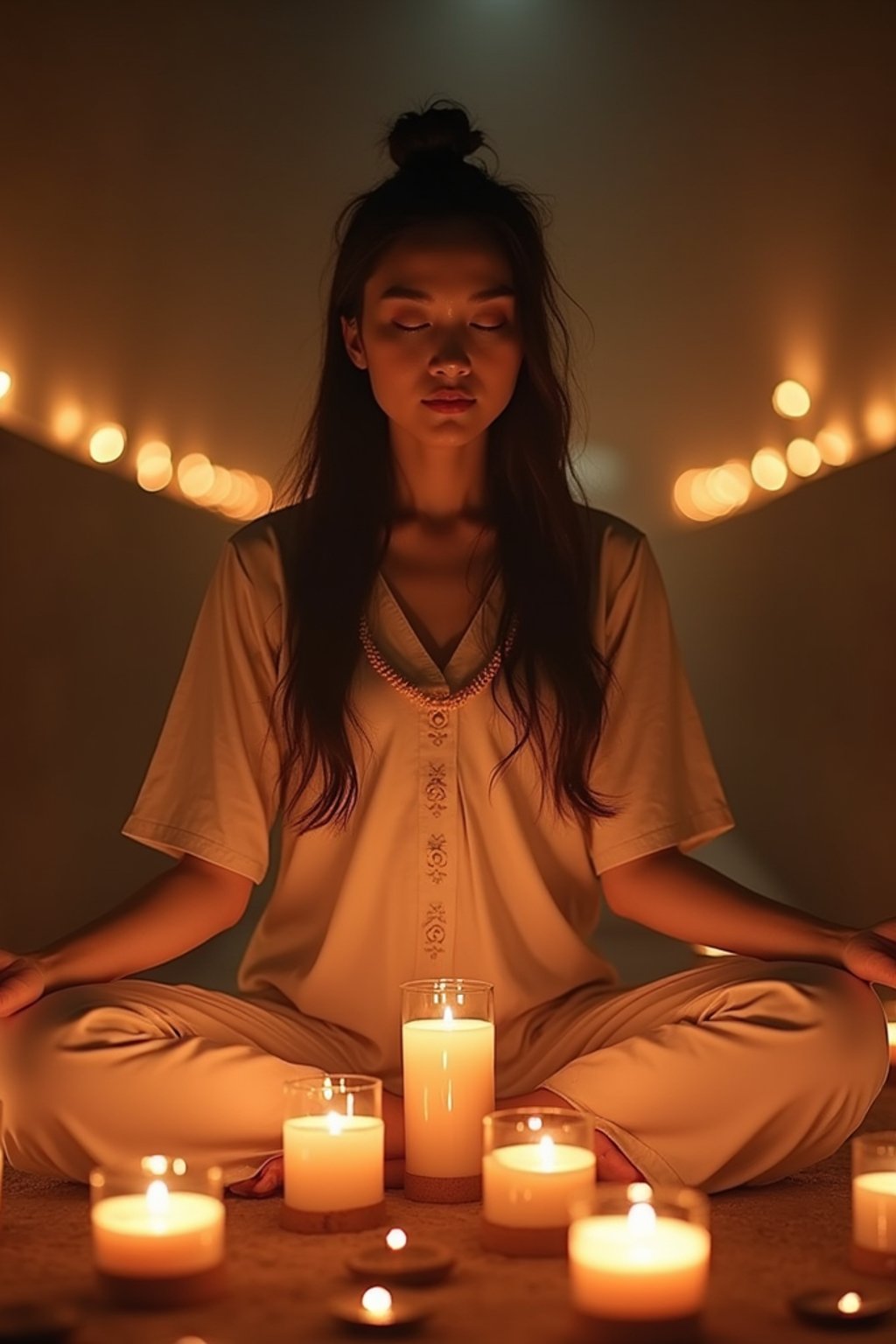 woman practicing mindfulness surrounded by candles or incense