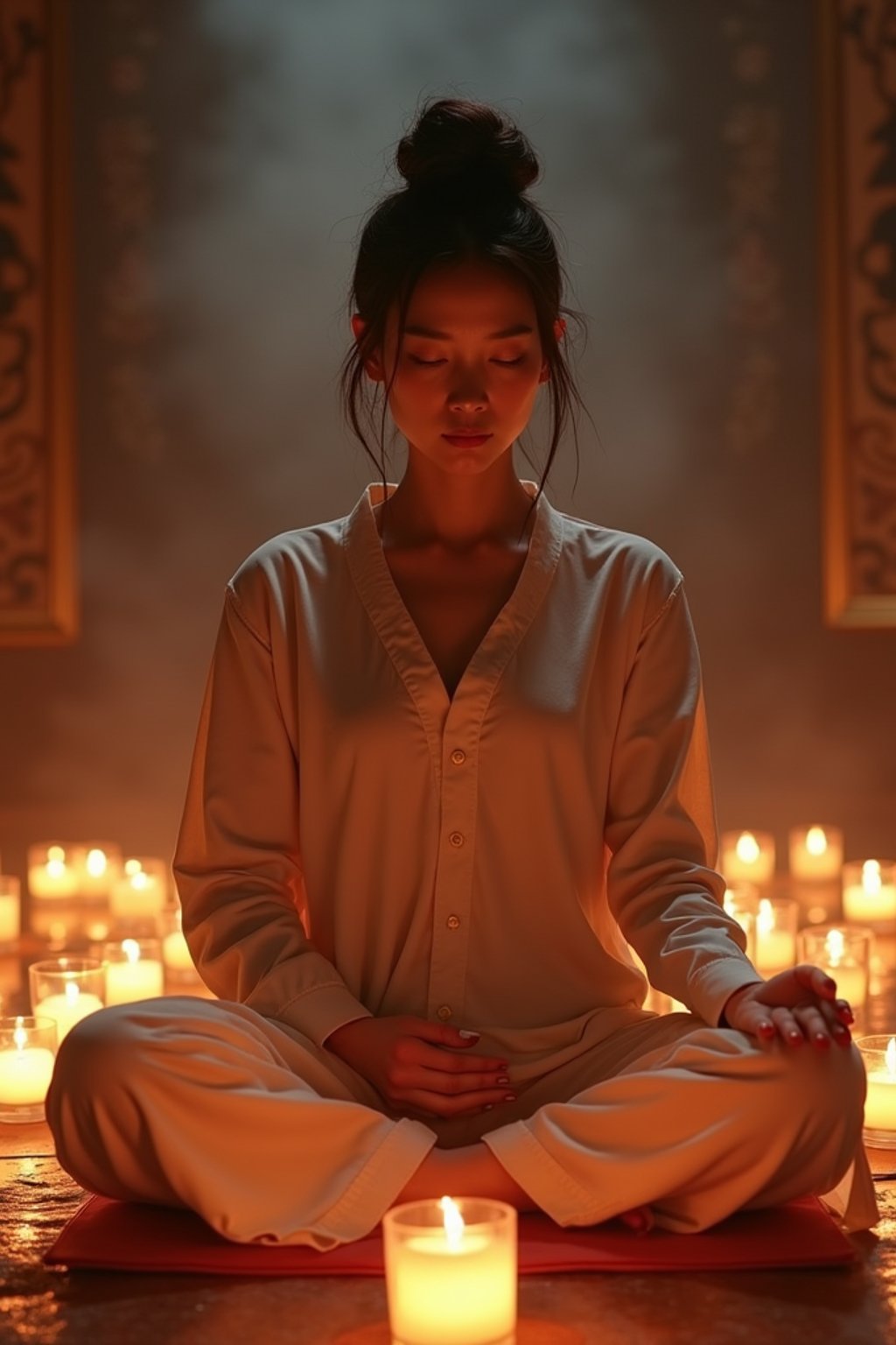 woman practicing mindfulness surrounded by candles or incense