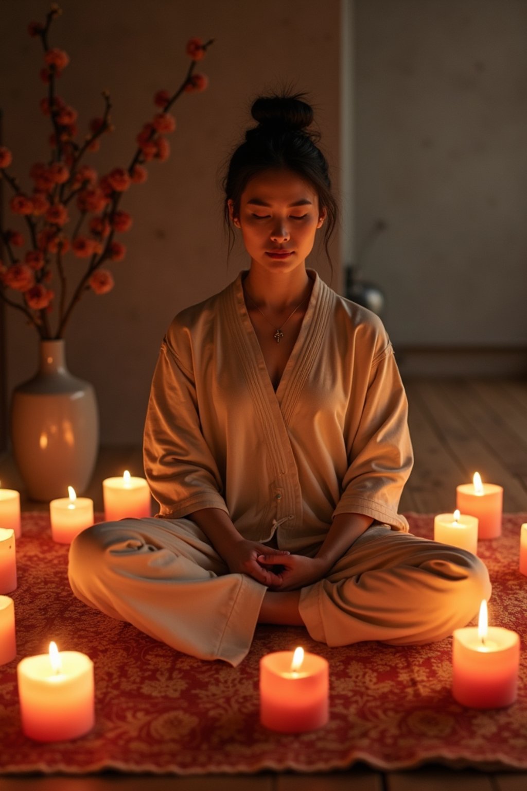 woman practicing mindfulness surrounded by candles or incense