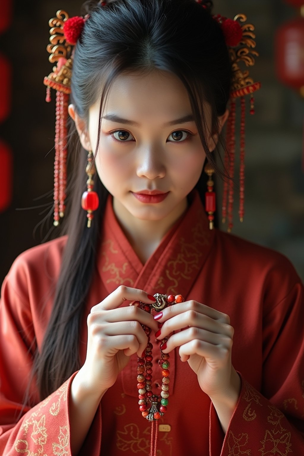 woman holding prayer beads or a sacred object,