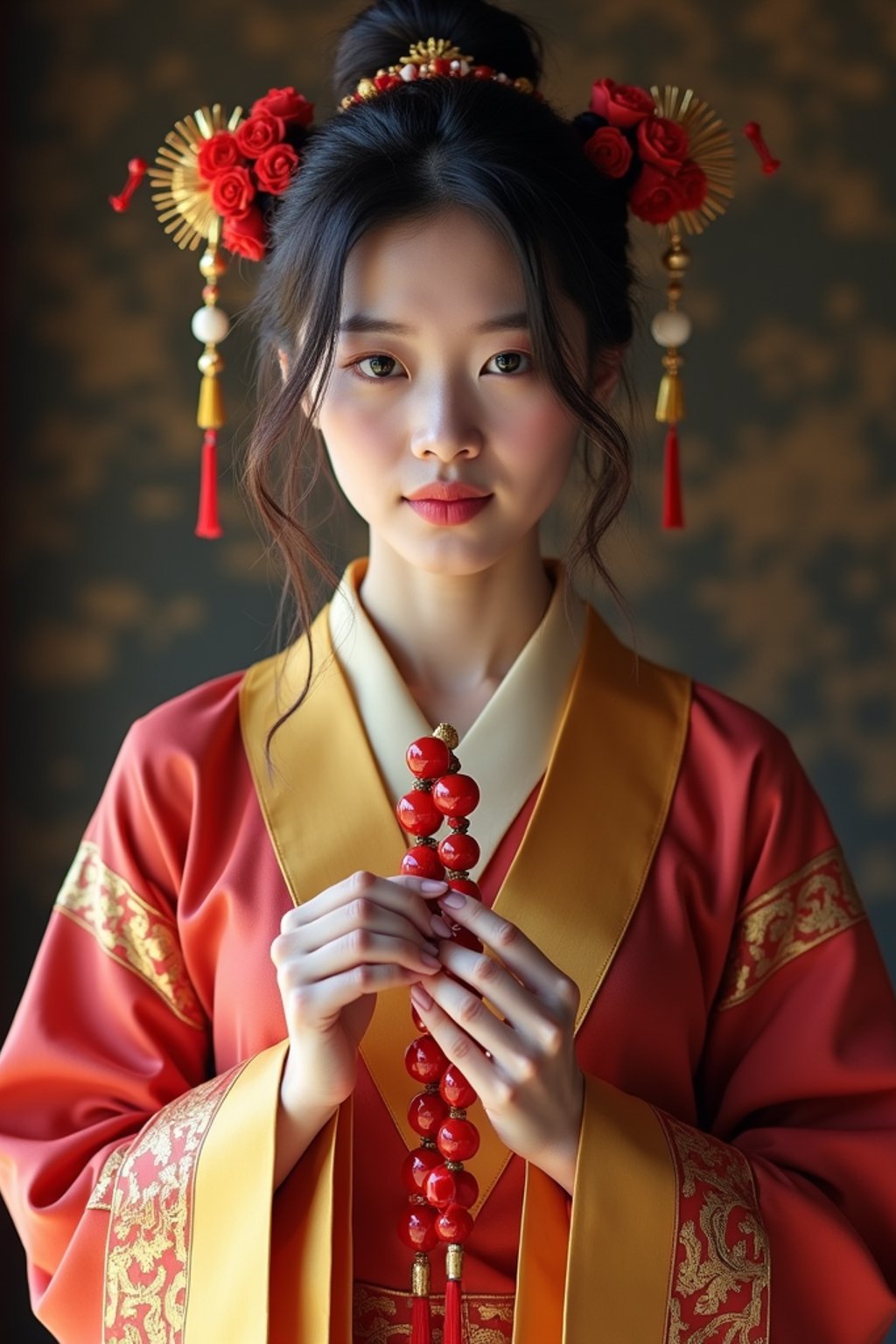 woman holding prayer beads or a sacred object,