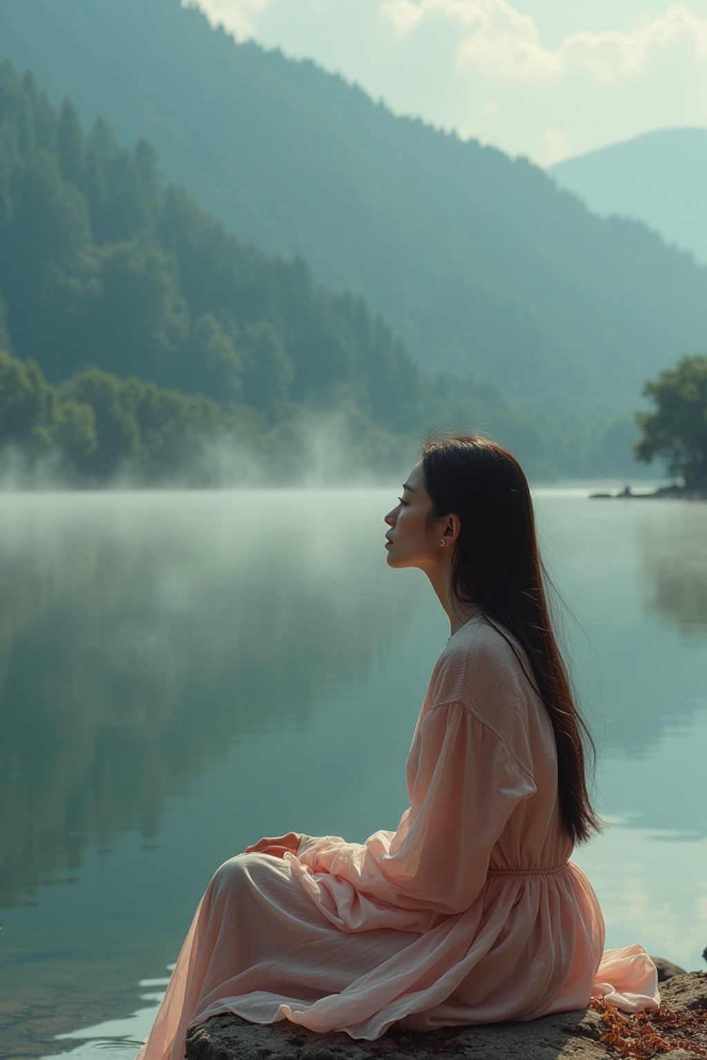 woman in deep contemplation, sitting by a tranquil lake