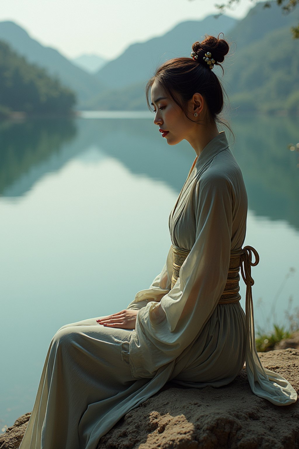 woman in deep contemplation, sitting by a tranquil lake