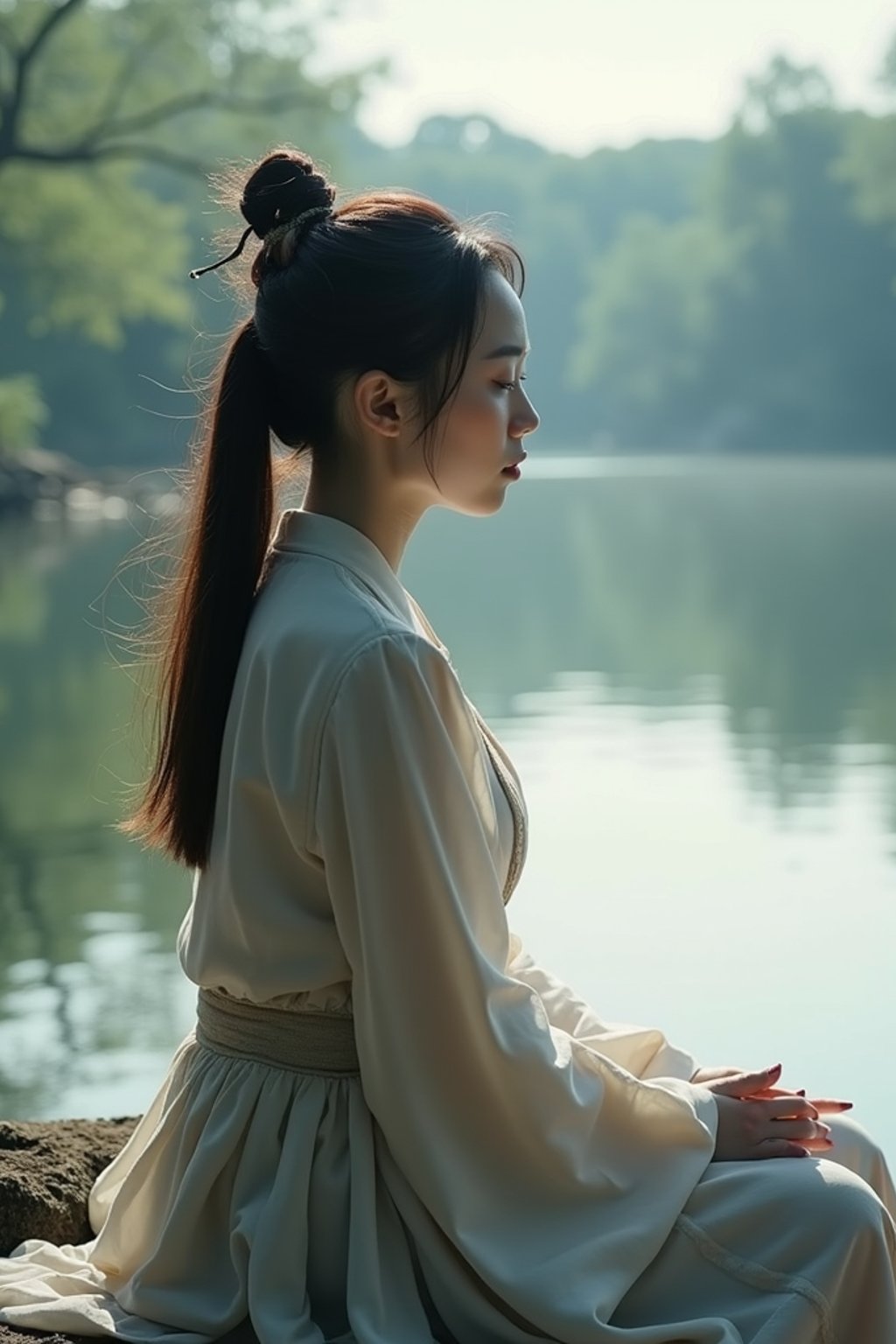 woman in deep contemplation, sitting by a tranquil lake