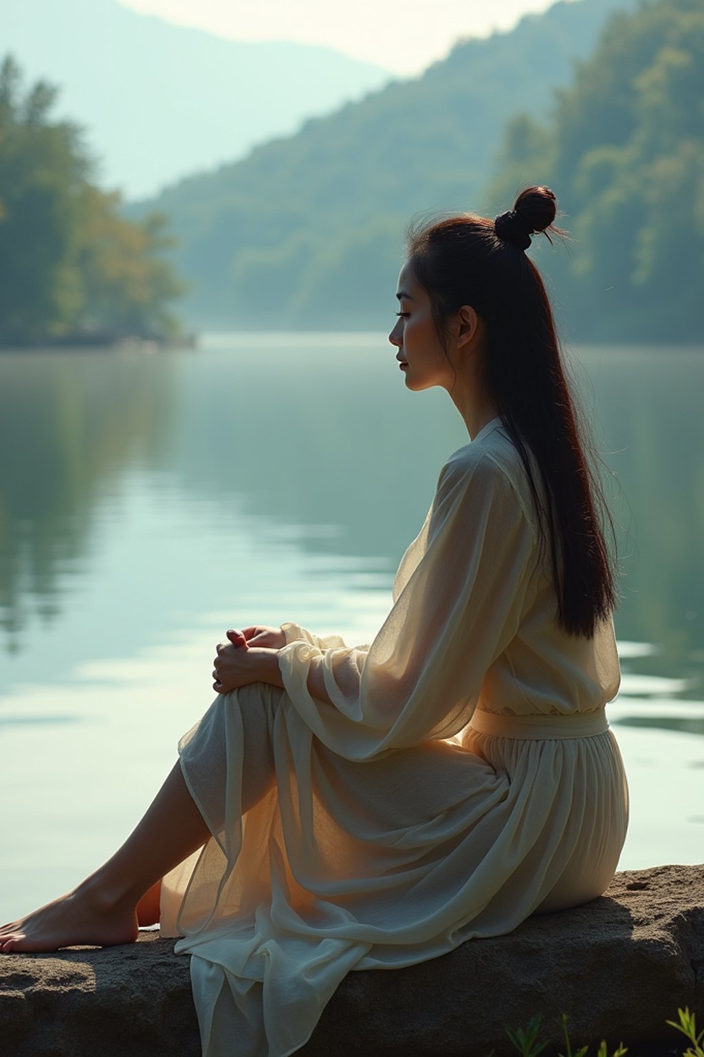 woman in deep contemplation, sitting by a tranquil lake