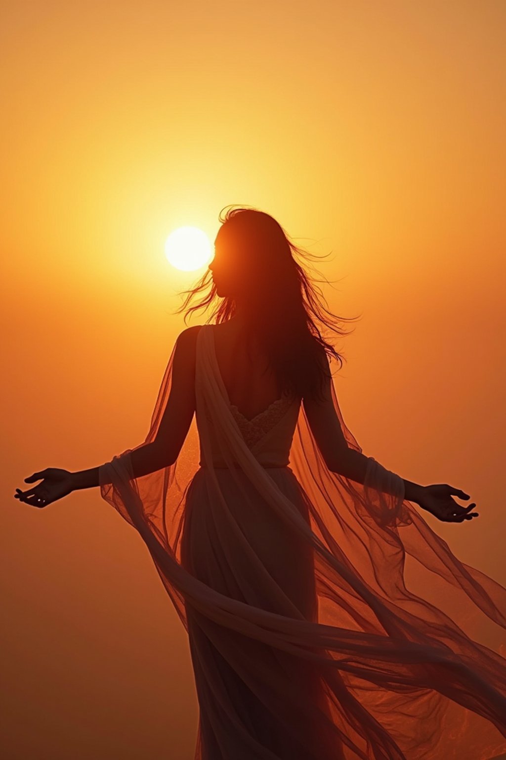 a spiritual seeker woman standing with outstretched armsat sunrise