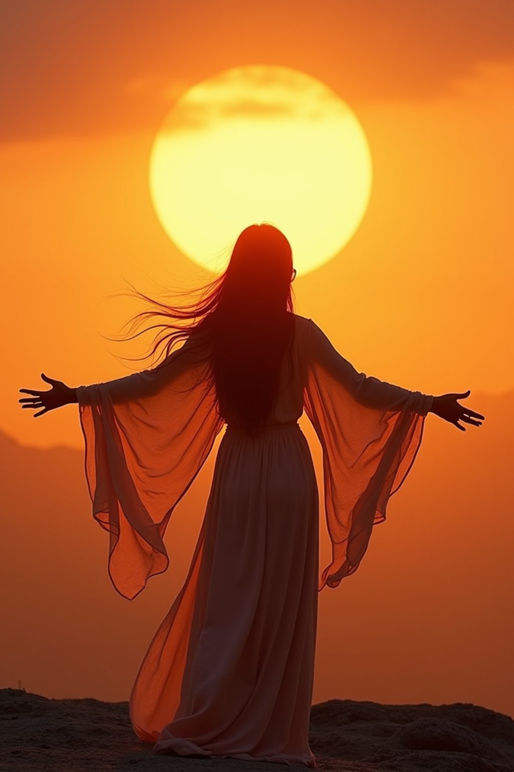 a spiritual seeker woman standing with outstretched armsat sunrise