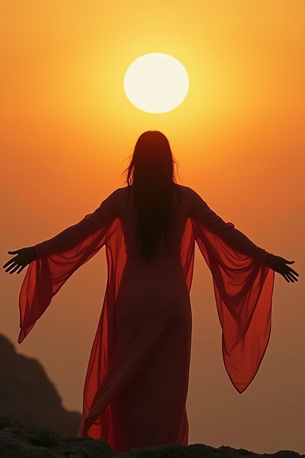 a spiritual seeker woman standing with outstretched armsat sunrise