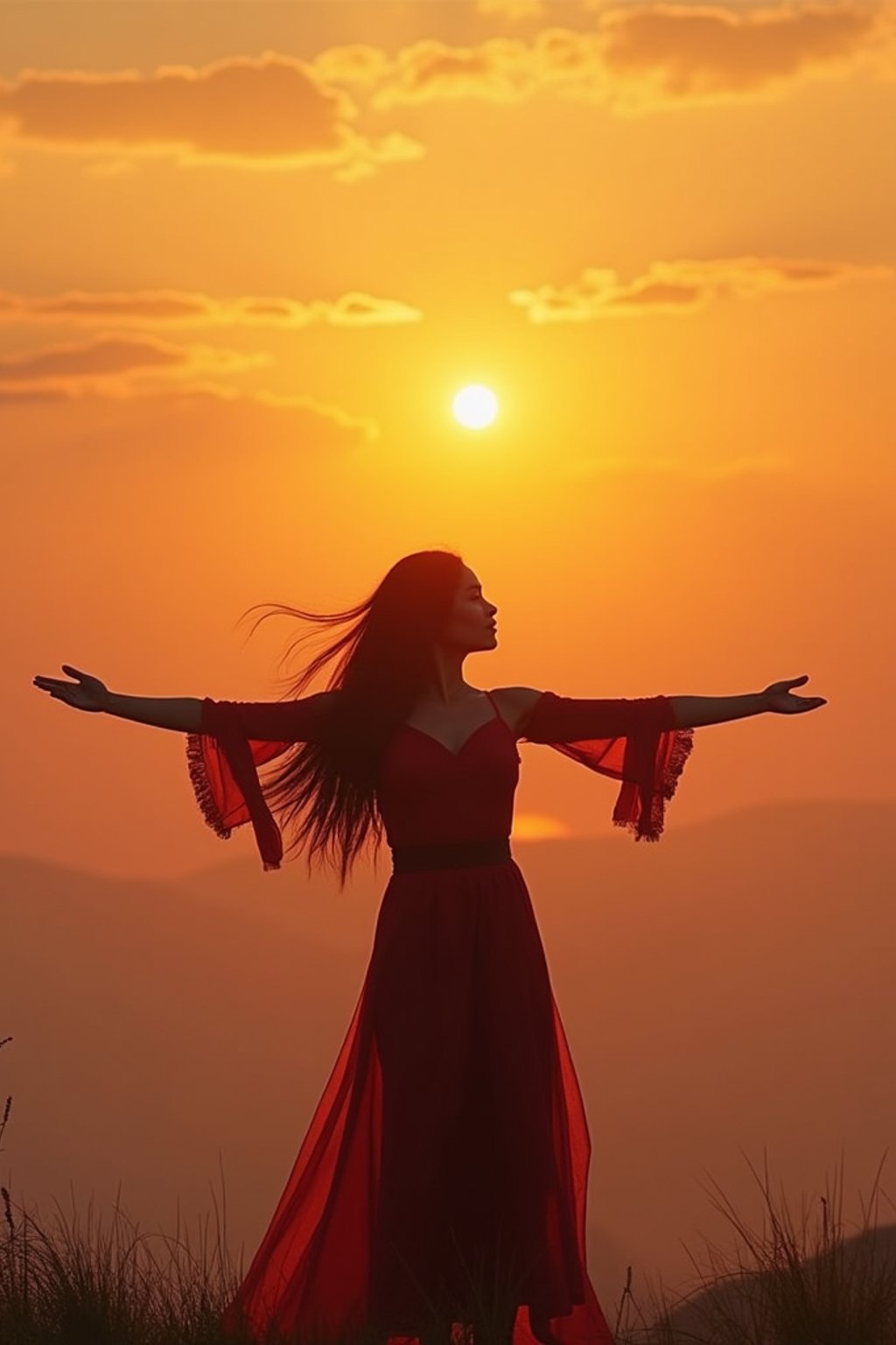 a spiritual seeker woman standing with outstretched armsat sunrise