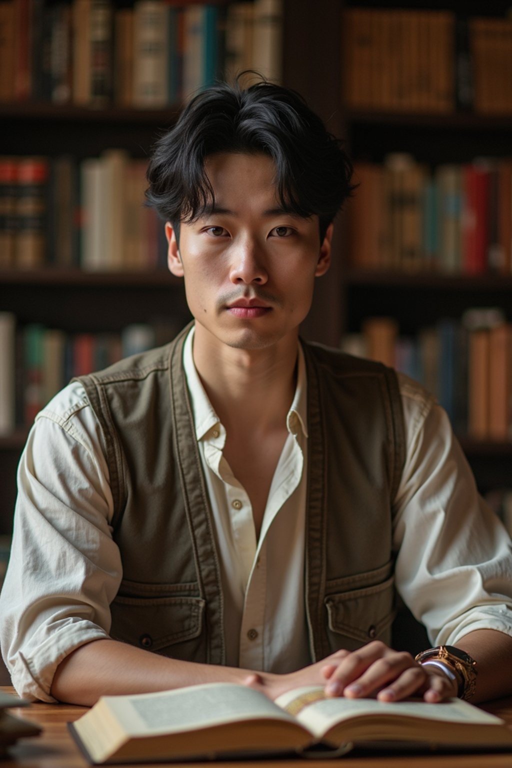 man surrounded by books or sacred texts