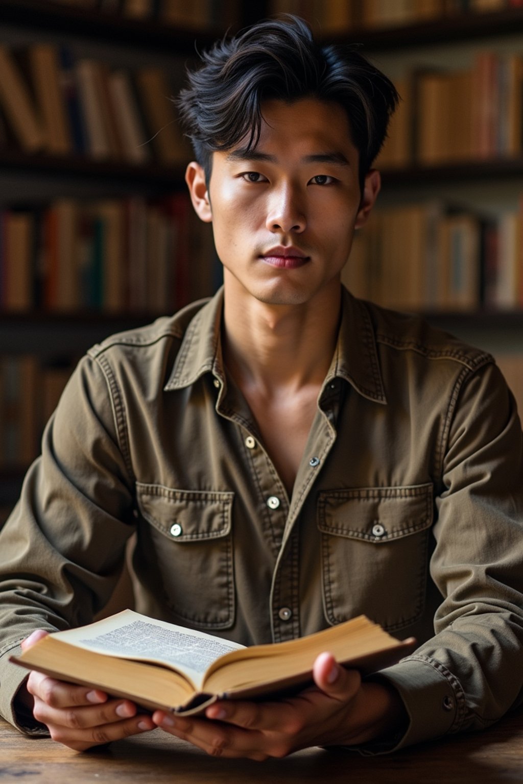 man surrounded by books or sacred texts