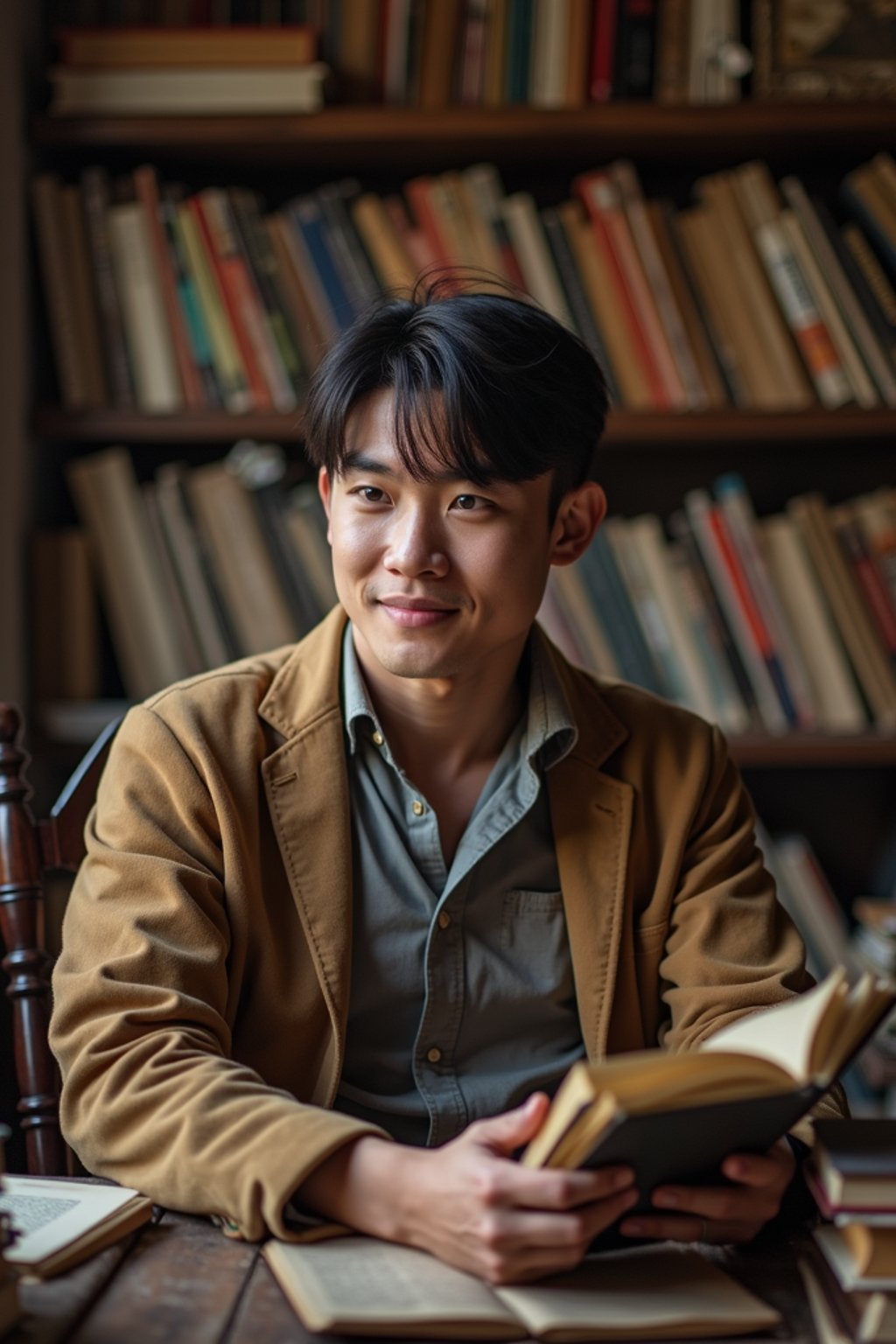 man surrounded by books or sacred texts