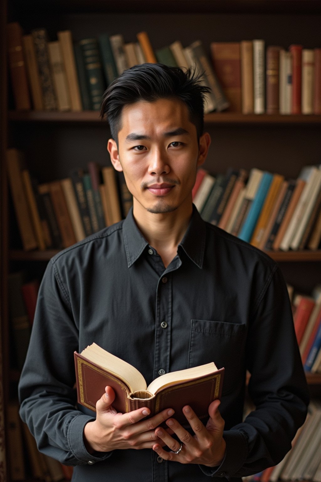 man surrounded by books or sacred texts