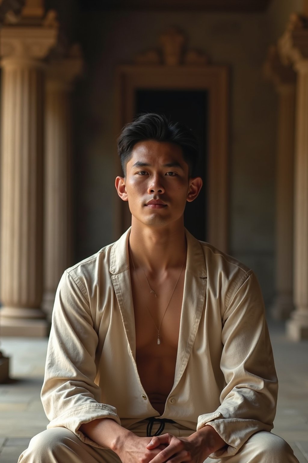 man in a serene temple or sacred space