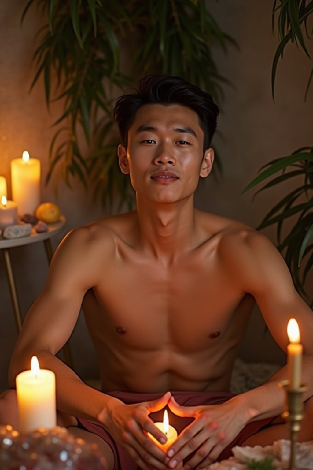 man in a serene indoor space, surrounded by candles, crystals, and sacred symbols