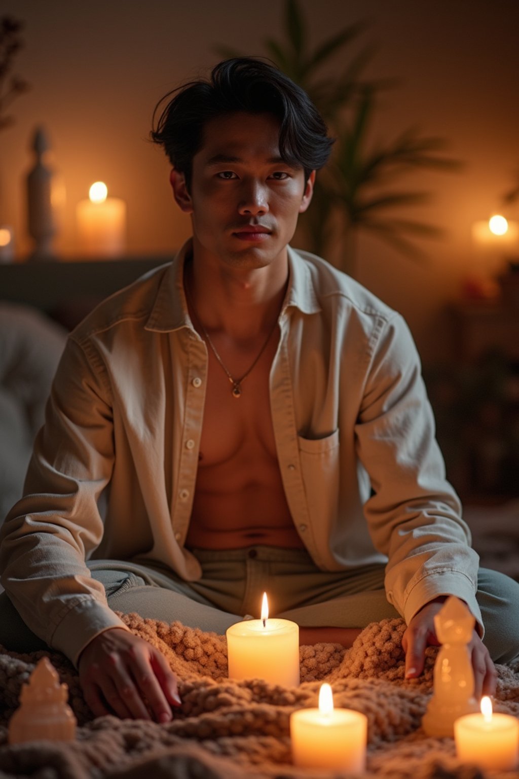 man in a serene indoor space, surrounded by candles, crystals, and sacred symbols