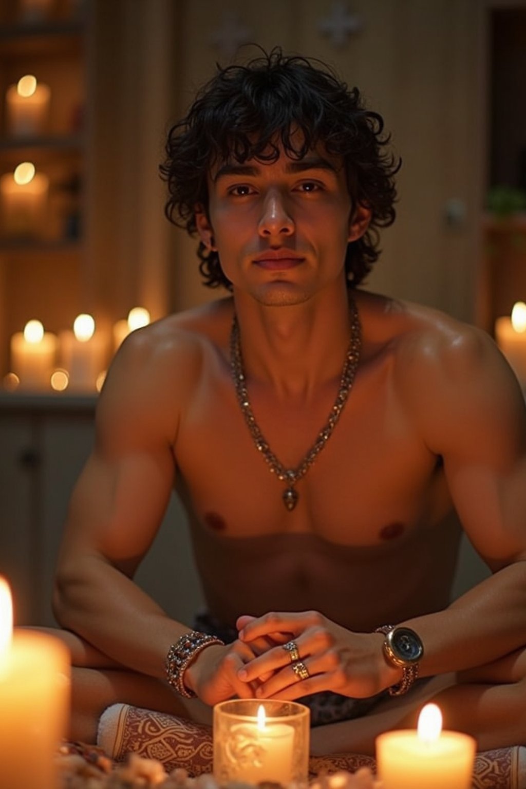 man in a serene indoor space, surrounded by candles, crystals, and sacred symbols