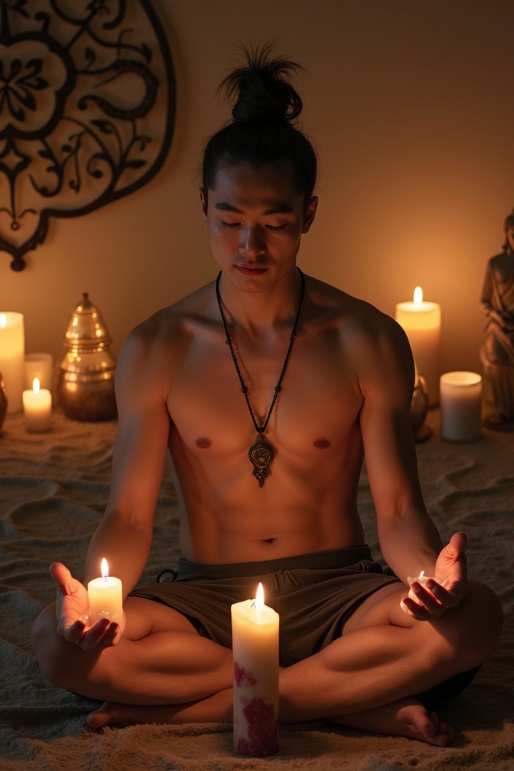 man in a serene indoor space, surrounded by candles, crystals, and sacred symbols