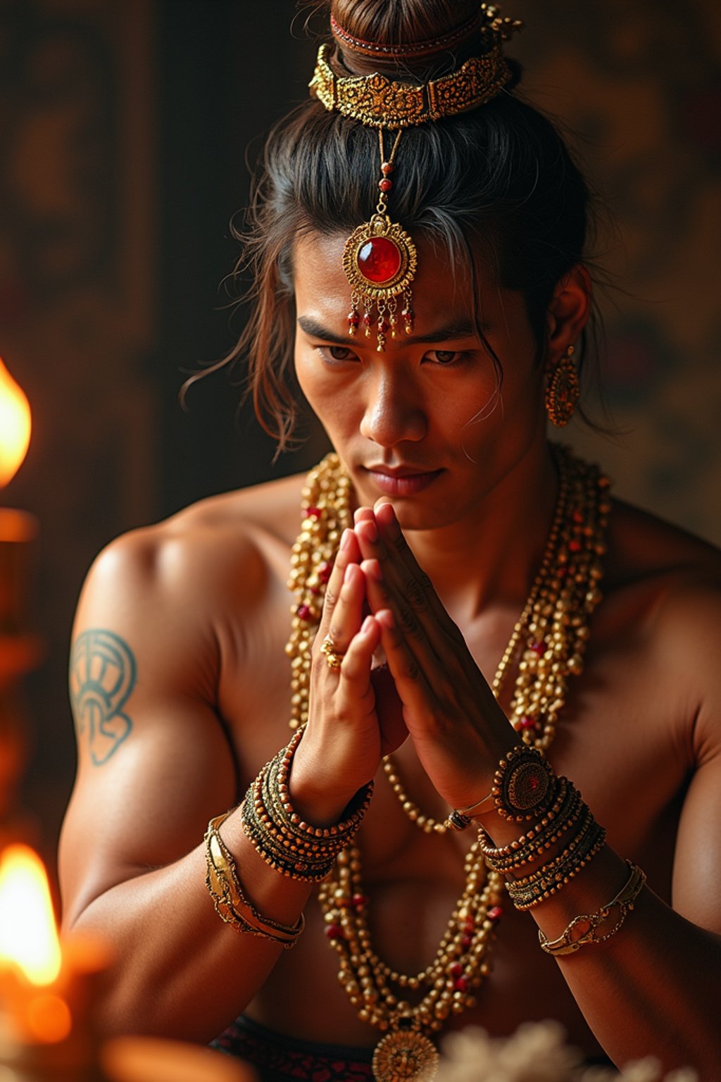 man engaged in a sacred ritual or ceremony, adorned with symbolic attire