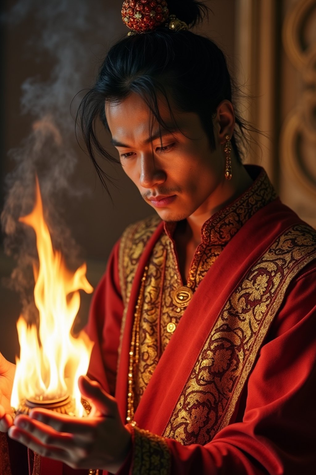 man engaged in a sacred ritual or ceremony, adorned with symbolic attire