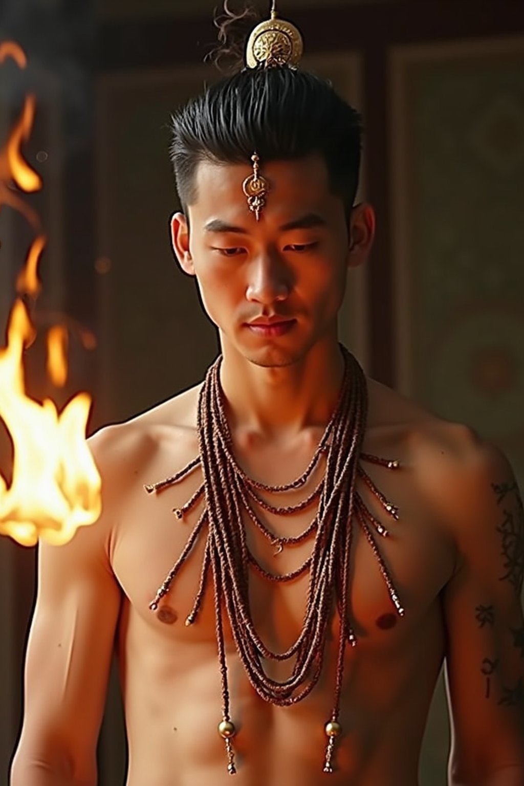 man engaged in a sacred ritual or ceremony, adorned with symbolic attire