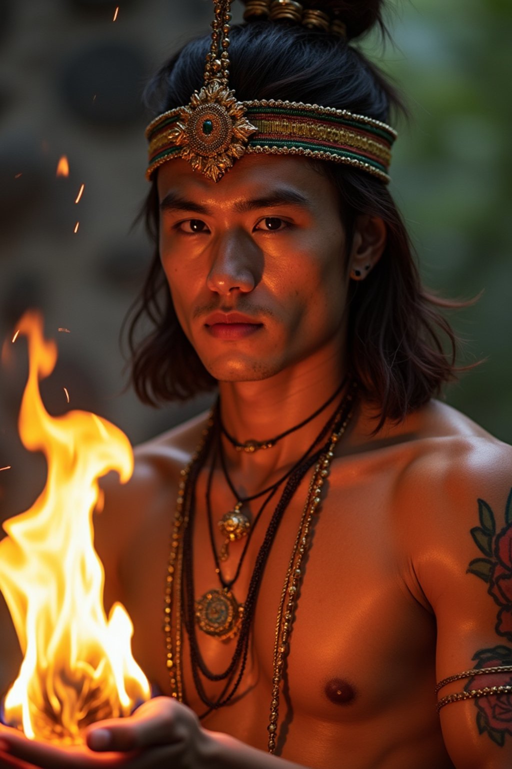 man engaged in a sacred ritual or ceremony, adorned with symbolic attire