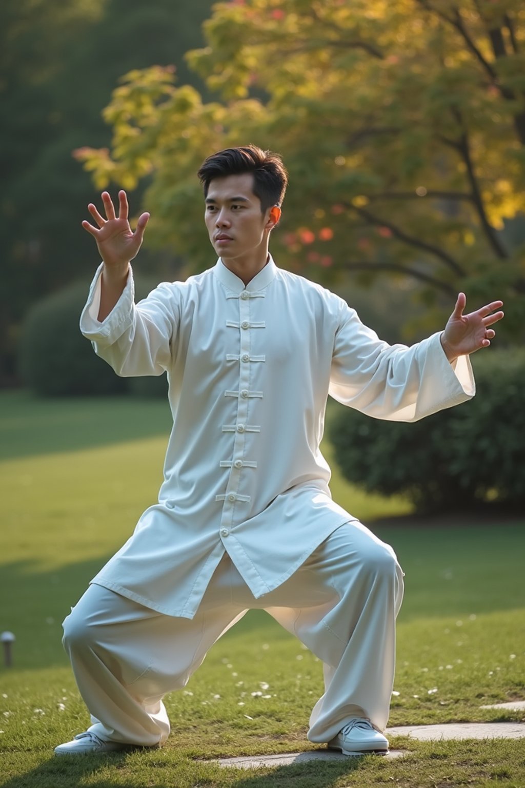 man practicing Tai Chi in a serene garden