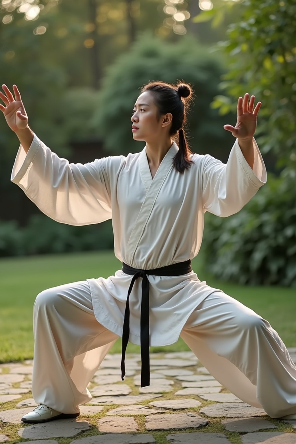 man practicing Tai Chi in a serene garden