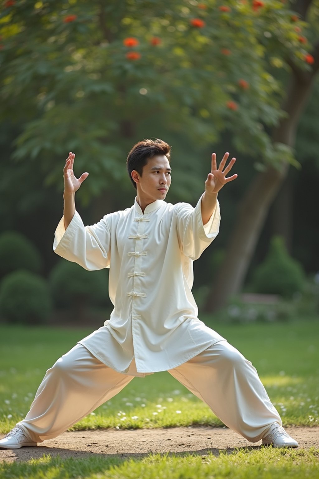 man practicing Tai Chi in a serene garden