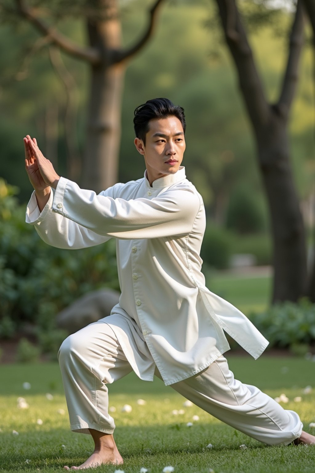 man practicing Tai Chi in a serene garden