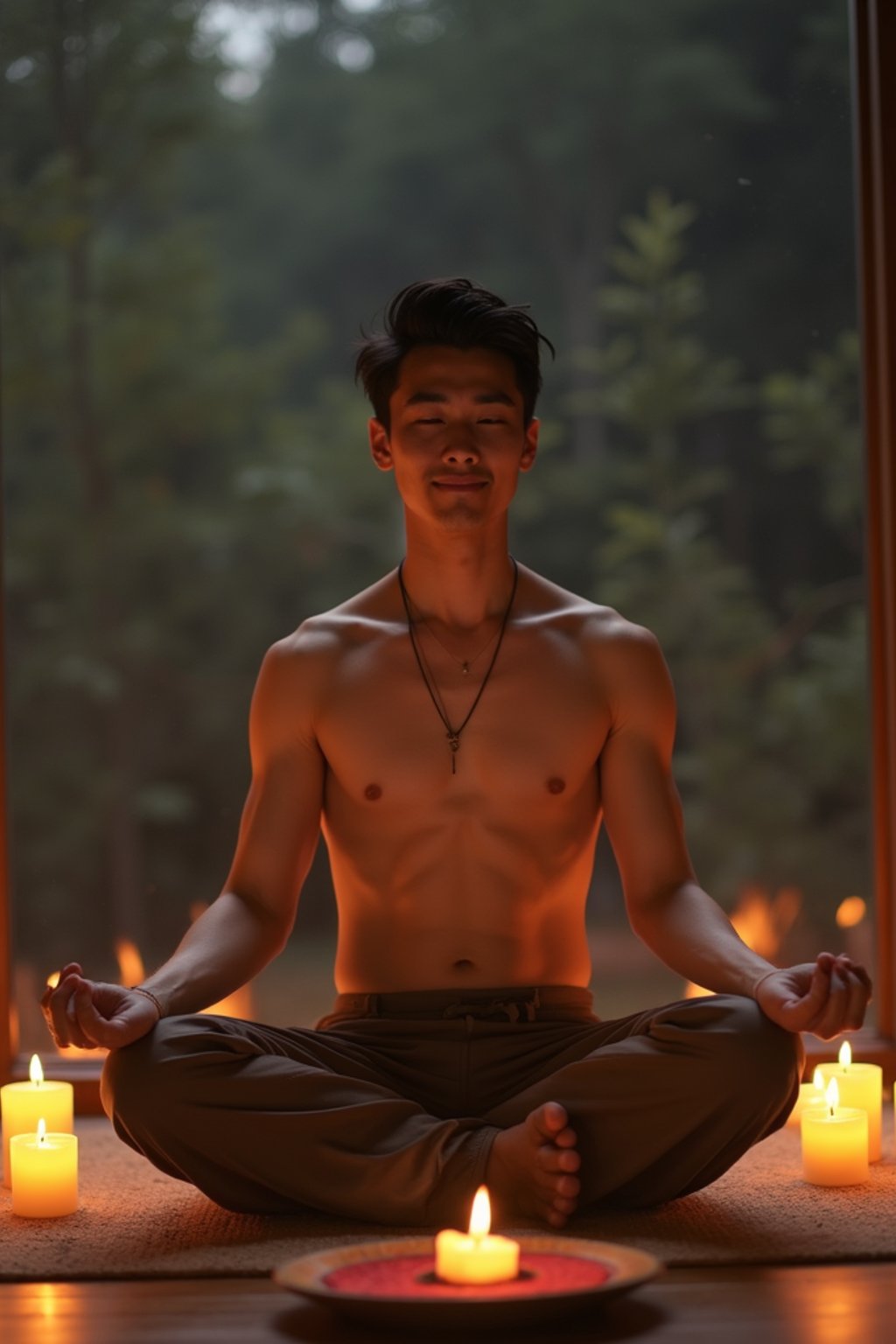 man practicing mindfulness surrounded by candles or incense