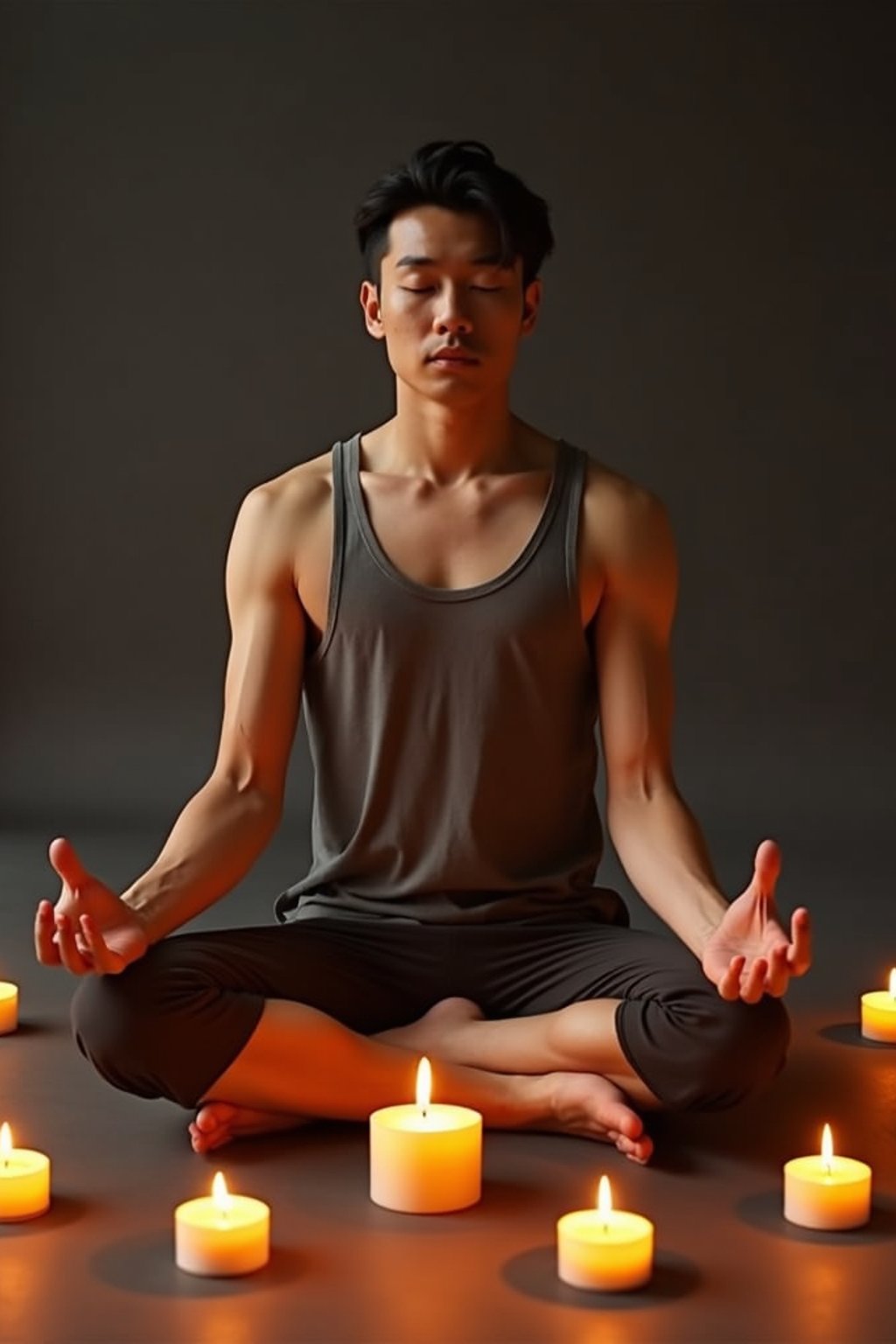 man practicing mindfulness surrounded by candles or incense