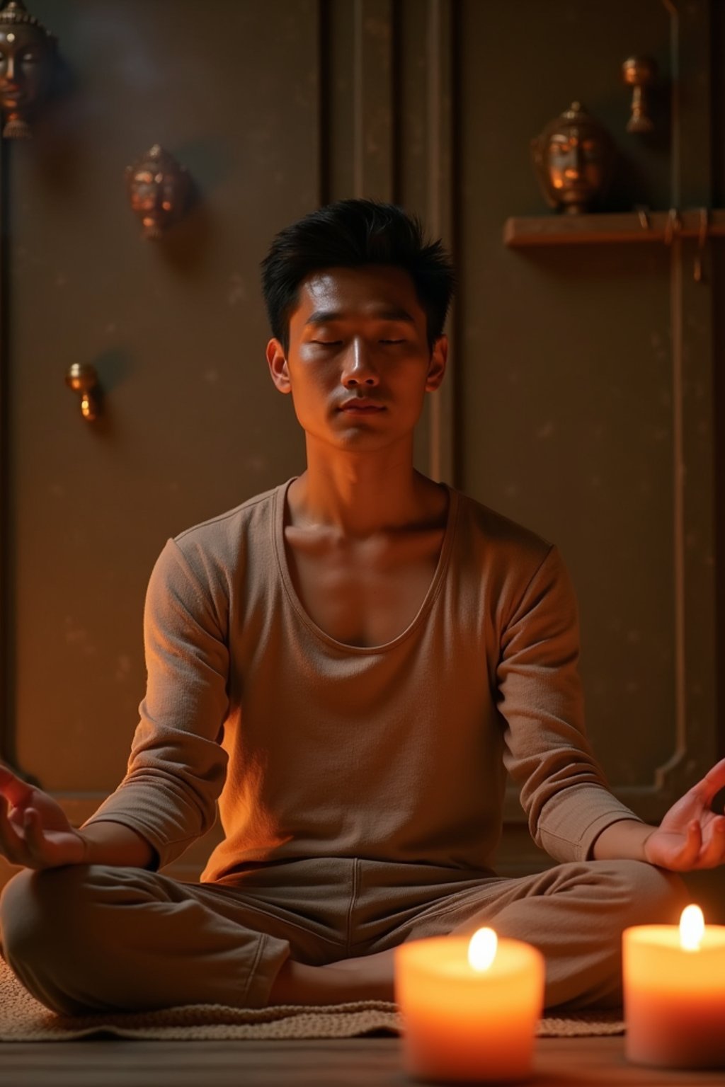 man practicing mindfulness surrounded by candles or incense