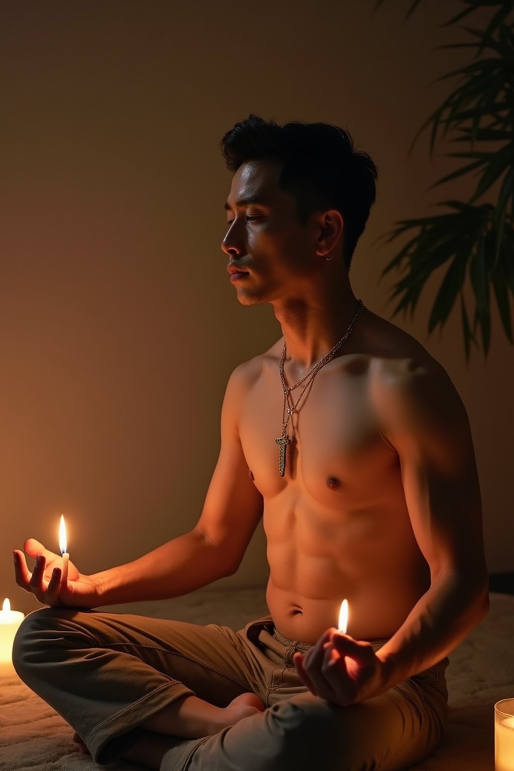 man practicing mindfulness surrounded by candles or incense