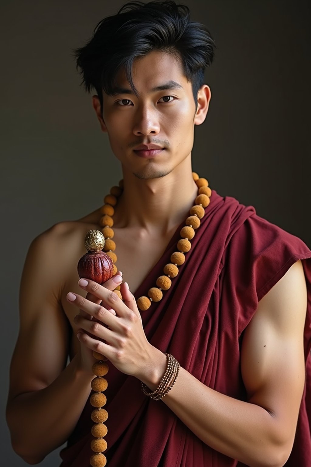 man holding prayer beads or a sacred object,