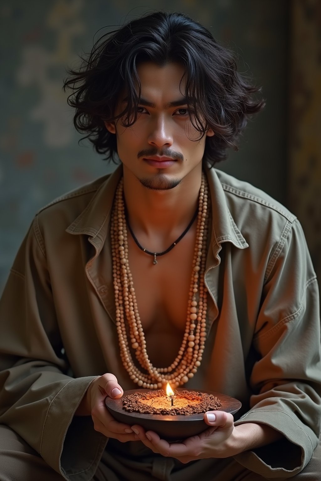 man holding prayer beads or a sacred object,