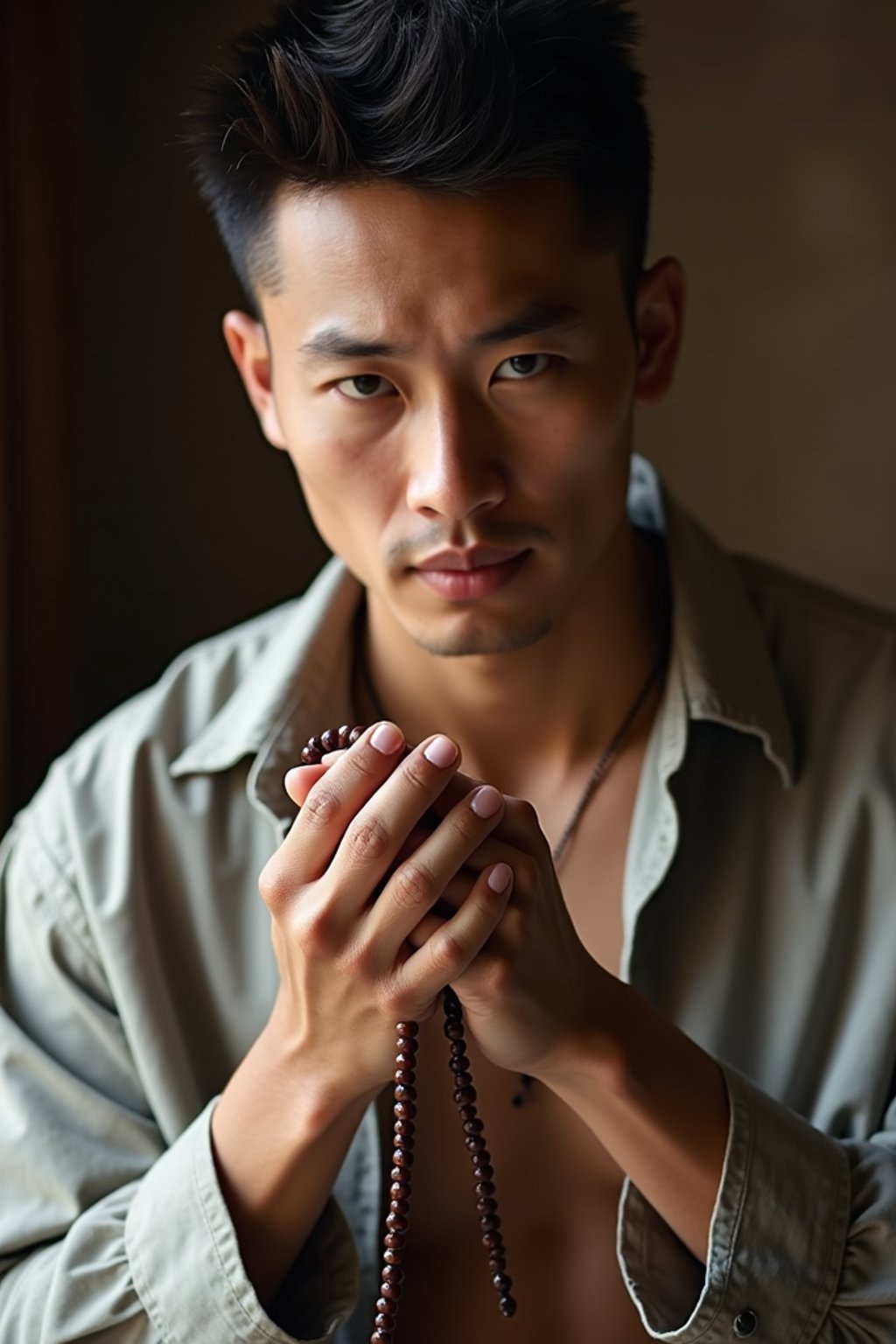 man holding prayer beads or a sacred object,