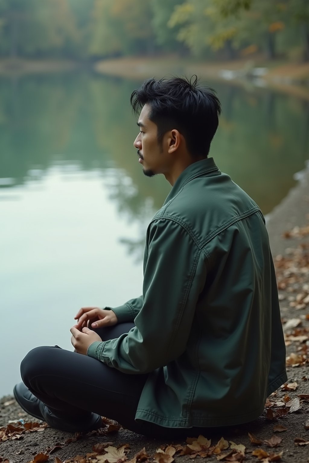 man in deep contemplation, sitting by a tranquil lake